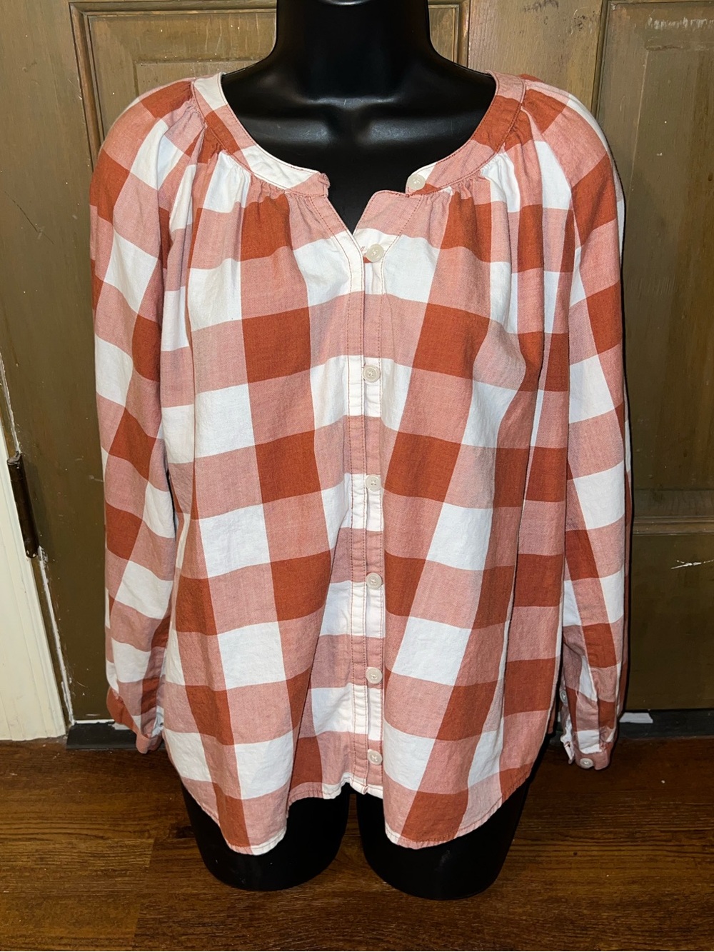 Duluth Peasant Blouse Rust & White Gingham Button Front Long Sleeve Top Size S - Picture 2 of 9